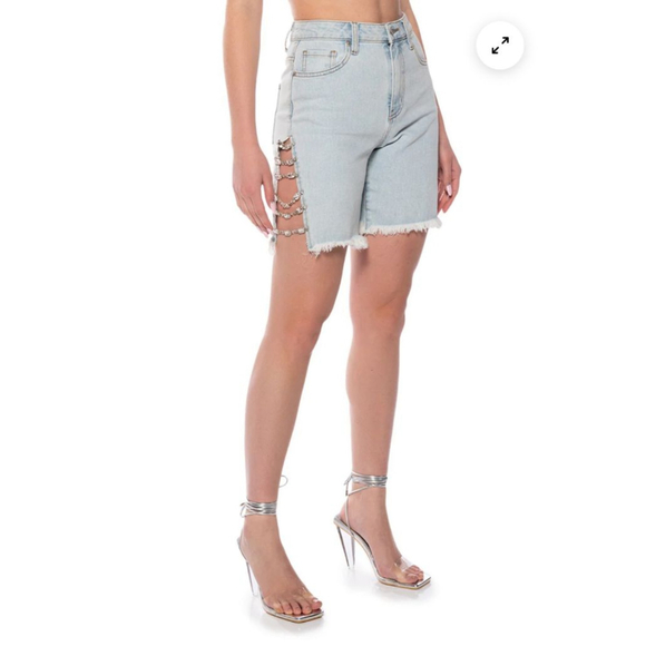 AKIRA Pants - Women's AKIRA Light Blue Denim Relaxed Jean Shorts with Silver Diamonds Size L